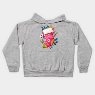 Christmas stocking with decoration on mint background. Cute festive winter holiday illustration. Bright colorful pink and blue design. Kids Hoodie